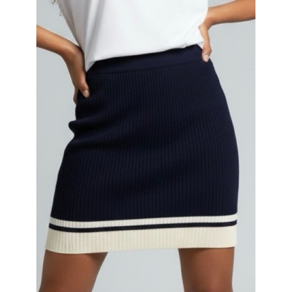 41 Hawthorn | Stitch Fix Navy Ribbed Mini Skirt with Ivory Hem Stripe NWT S